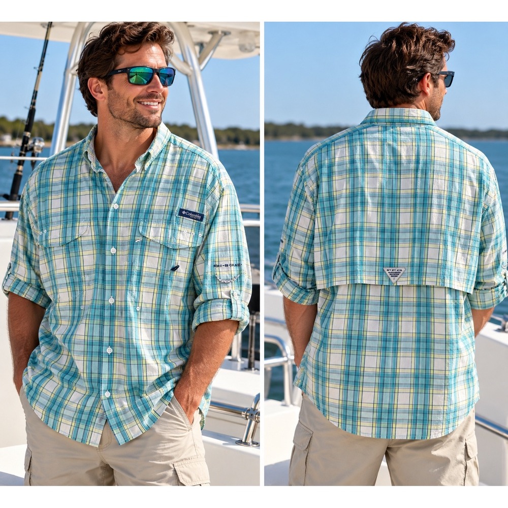 Columbia PFG Super Bonehead Plaid Fishing Shirt Teal Blue Yellow Mens Large